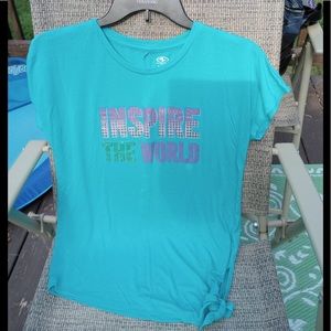 2 for $10😀14/16 T-Shirt Inspire The World Aqua w/ Side Tie Excellent Condition